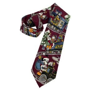 Disney Mickey Mouse Donald Duck on Christmas Train Silk Tie 90s Y2K Friends